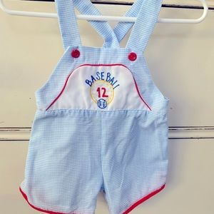 Vintage Blue & White Gingham Boys Embroidered Baseball Overalls Small 0-3 Months